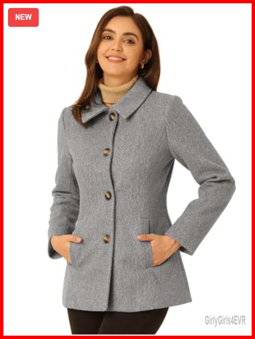 Womens Winter Pea Coat Single Breasted Overcoat Work Office Wool Coat
